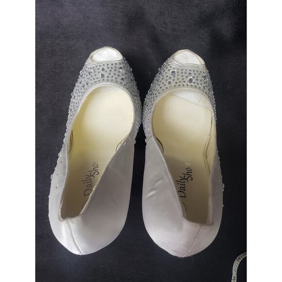 DailyShoes White Ivory Satin Rhinestone Ultra High Stiletto Platform Heels - Picture 5 of 10